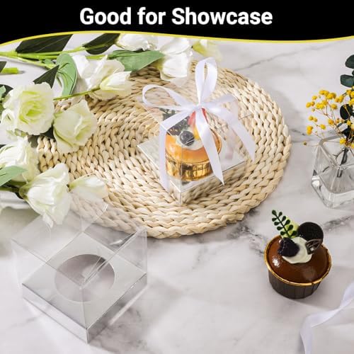 EUSOAR Cupcake Boxes, 50 Packs 3.5 Inch Dessert Pastry Individual Cupcake Containers with Inserts and Ribbon, Clear Muffins Gift Holder Disposable Cake Carrier for Wedding Party Favor Bakery-Silver - Image 5