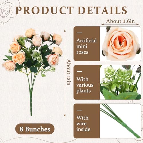 Zeyune 8 Pack 12 Inch Artificial Rose Bouquet, Champagne - Image 2