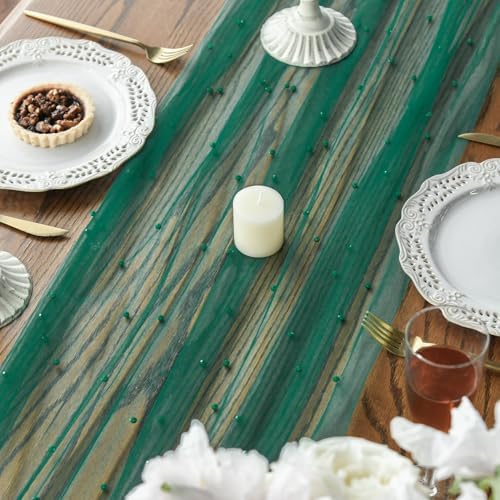 Artoid Mode 10-Pack Pearl Dark Green Gauze Table Runner 10FT Home Decor - Image 4