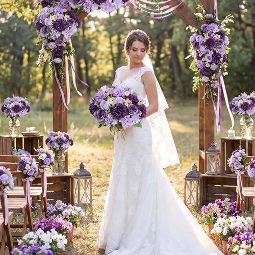 Tigeen 6 Bundles Artificial Flowers Bouquet for Wedding, Purple Series - Image 5