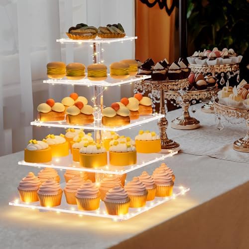 weddingwish 5 Tier Acrylic Cupcake Stand with LED Light, Clear Cupcake Stand for 50 Cupcakes, Cupcake Holder Tower Dessert Table Display Set for Birthday, Baby Shower, Tea Party and Wedding Décor - Image 2
