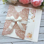 50PCS 5.12 x 7.28'' Personalized Laser Cut Hollow Rose Flower Wedding Invitations with Envelopes & Bowknot Invitation for Wedding Quinceanera Invite (Rose Gold Glitter) - Image 5