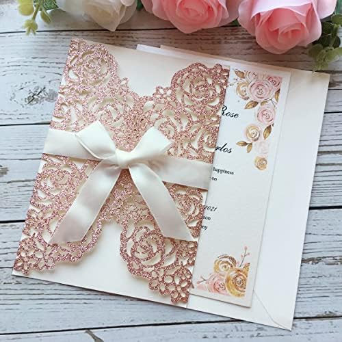 50PCS 5.12 x 7.28'' Personalized Laser Cut Hollow Rose Flower Wedding Invitations with Envelopes & Bowknot Invitation for Wedding Quinceanera Invite (Rose Gold Glitter) - Image 5
