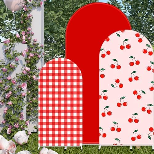 FYSUIMU 3 Pcs Cherry Arch Backdrop Covers Pink Red Plaid Stretchy Spandex Arch Stand Fabric Cover for Wedding Birthday Baby Shower Gender Reveal Party Decoration (4ft/5ft/6ft) - Image 4