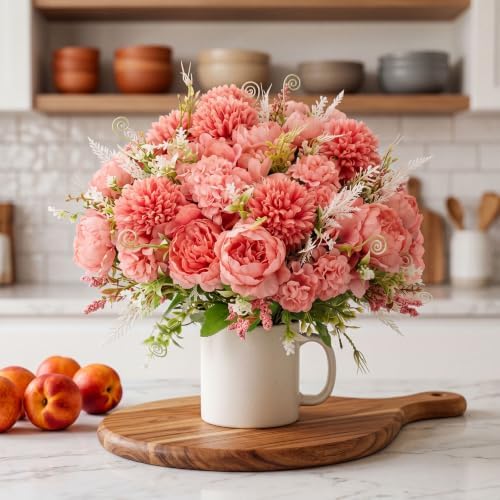 Tigeen 12 Bundles Artificial Flowers Bouquet Silk Peonies, Coral Red - Image 5