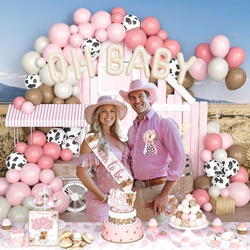 Costova Highland Cow Baby Shower Decorations for Girls, Boho Highland Cow Baby Shower Decorations, Bohemian Pink Floral Backdrop Balloon Box Tablecloth Sash Pin for Its a Girl Gender Reveal - Image 6