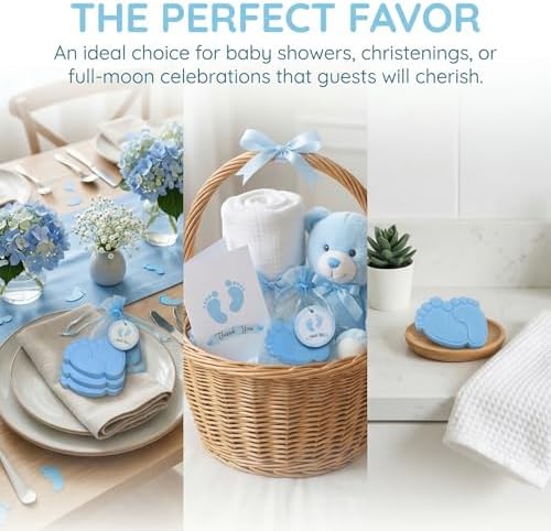 50 Sets Baby Feet Scented Soap Baby Shower Favors for Guests Blue Mini Handmade Soap with Thank You Tags, Organza Bags and Pins for Gender Reveal Birthday Party Supplies (50, Blue) - Image 6