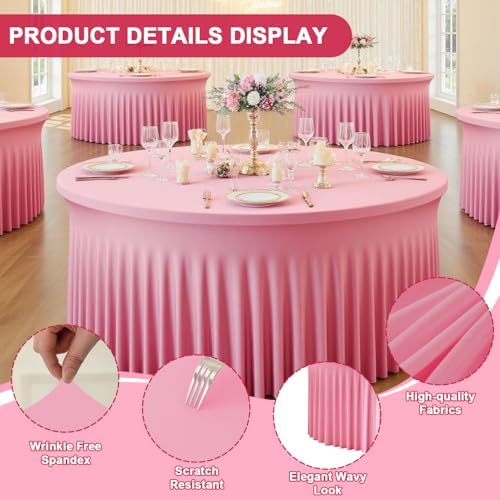 2 Pack Pink Round Tablecloth 60 inch, Spandex Fitted Wrinkle Free Table Cover with Skirt Washable Tablecloths for Wedding Photo Party Professional Events Birthday Decor - Image 2