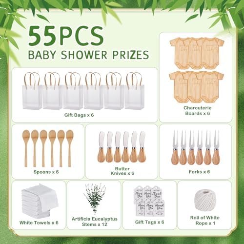 55Pcs Baby Shower Prizes for Game Winners 6 Sets Bodysuit Shaped Cheese Board Gift with Spoons Butter Spreaders Kitchen Towels Bridal Gift Bags Shower Party Favors for Guests (Bodysuit Shaped, 6 Sets) - Image 3