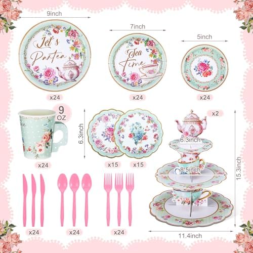 257 Pcs Tea Party Supplies Floral Paper Tea Party Decor, Green - Image 3