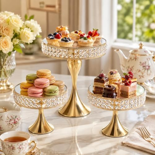 3 Pcs Cake Display with Mirror, Wedding Crystal Cake Stands for Reception - Image 4