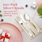 Prestee 600 Piece Plastic Silverware Set - 200 Silver Plastic Forks, Spoons and Knives - Heavy-Duty Utensils - Reusable and Disposable Cutlery Set for Weddings, Thanksgiving, and Christmas Parties - Image 2