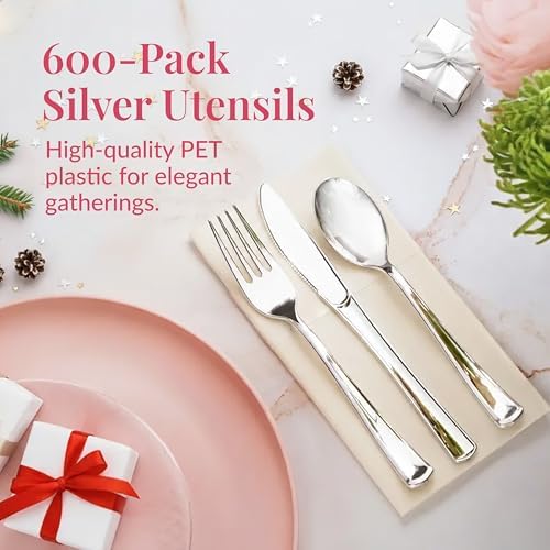 Prestee 600 Piece Plastic Silverware Set - 200 Silver Plastic Forks, Spoons and Knives - Heavy-Duty Utensils - Reusable and Disposable Cutlery Set for Weddings, Thanksgiving, and Christmas Parties - Image 2