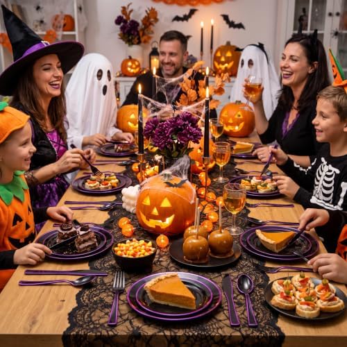 WDF 180 Pieces Black and Purple Halloween Plastic Silverware - Black Flatware Set Include 60 Forks, 60 Knives and 60 Spoons Heavy Duty Plastic Cutlery Purple Utensils for Halloween Party/Birthday - Image 6