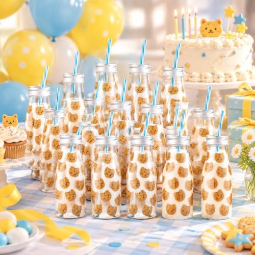 Yungyan 30 Pcs Cookies Themed Plastic Milk Bottles with Straws and Lids Clear 8 oz Mini Juice Bottles with Cap Small Dairy Jar and 450 Cookie Sticker Labels Tiny Drink Container for Birthday Party - Image 3
