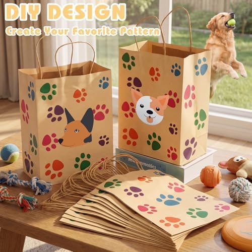 Tenceur 80 Pcs Dog Gift Bags Goodie Paw Puppy Paper Treat Bags Bulk with Handles 10.63 x 4.72 x 7.87 Inch Dog Themed Party Favors Shopping Holiday Kraft (Brown Colorful) - Image 3