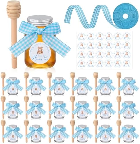 Willinglong 24 Set Glass Mini Honey Jars, Baby Shower Party Favors Bulk, 2 oz Small Honey Jars with Dippers, Lids, Stickers, Ribbons for Baby Shower Gender Reveal Party Gifts Supplies(Blue,Bear) by Willinglong