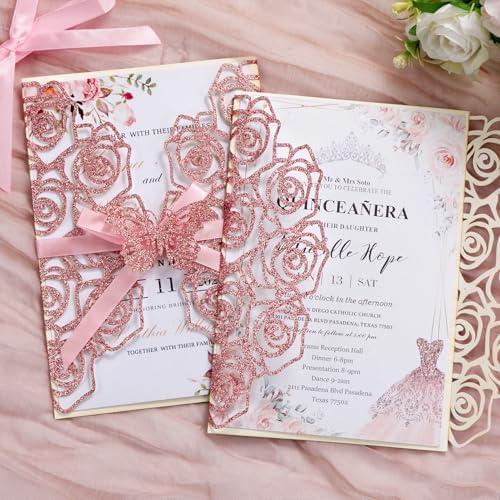 50Pcs Pink Butterfly Wedding Invitations with Envelopes and Rsvp Cards - Image 6