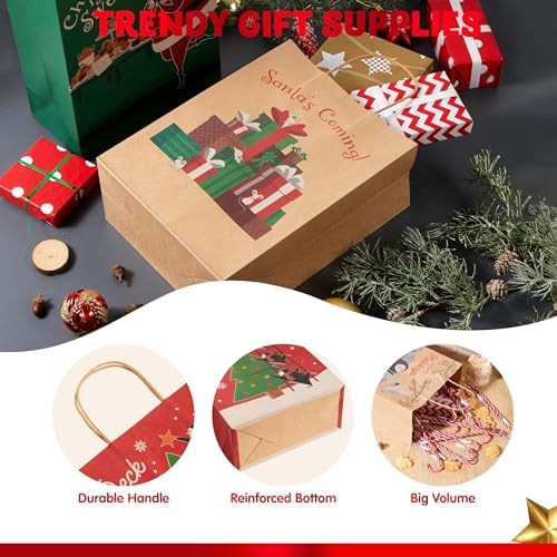 JOYIN 24 Pcs Christmas Kraft Gift Bags with Twine Handles, 10'' X 13'' X 5'' Large Xmas Goodie Goody Treat Bags for Holiday Present Wrapping, Christmas Decorations, Party Supplies Decor - Image 3