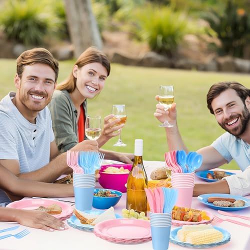 Tegeme 256 Pcs Pink and Blue Gender Reveal Party Supplies Disposable Tablecloth Paper Plates Napkin Cup Plastic Fork Knives Spoon Tableware Serve 36 Guest for Birthday Baby Shower Wedding Decoration - Image 3