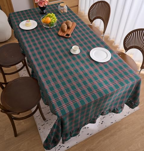 vctops Christmas Green Plaid Ruffle Table Cloth, Farmhouse Cotton Linen Tablecloth, Washable Table Cover for Rectangle Table Baby Shower Kitchen Party Wedding Decor (Dark Green,70"x118") - Image 4