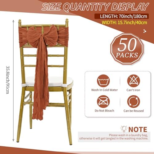 50 PCS Cheesecloth Chair Sashes Bows Wedding Aisle Decorations Chair Ribbon Ties Back Sash for Wedding Party Events Banquet Chair Cover Decoration (Terracotta) - Image 2