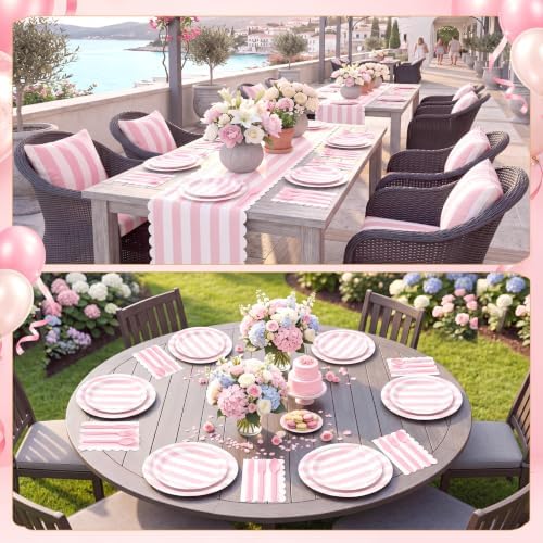 Mimorou 175 Pcs Pink White Striped Party Tableware for 25 - Image 6