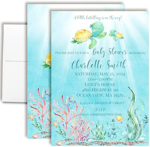 Amanda Creation Custom Baby Shower Invites Watercolor Turtle Baby Shower Invitations 20 5x7 Personalized Sea Turtle Watercolor Invites With Envelopes by AmandaCreation
