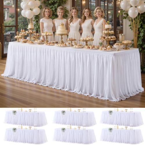 Wish Care 6 Pack White Tulle Table Cloth for 8 Foot Rectangle Tables White Tutu Desk Skirt Stretch Fitted Rectangular Tablecloths Wrinkle Free Ruffle Table Cover for Wedding Birthday Party Banquet by WishCare