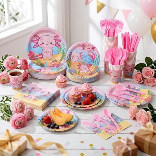 Funnymoom 400 Pcs Axolotl Birthday Party Supplies for 50 Guests Pink Cartoon Axolotl Paper Plates and Napkins Knives Spoon Fork Cup Disposable Reptile Animals Dinner Sets for Baby Shower Party - Image 6