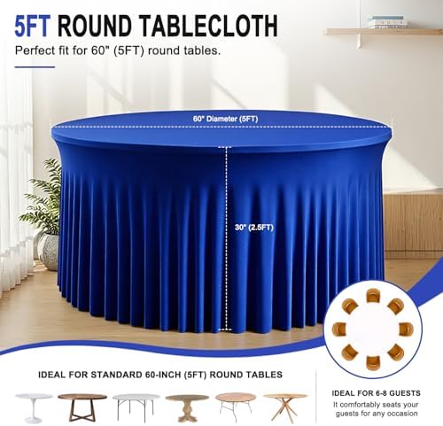 2 Pack Royal Blue Table Cloth for 5FT Round Tables, Fitted Spandex 120 inch Round Tablecloth, Wrinkle Free Table Skirt for Receptions Birthday Photography Social Events Engagement Party Decorations - Image 2