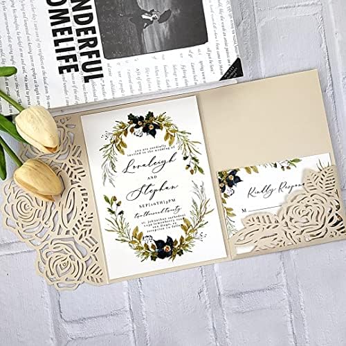 50sets Green Laser Cut Wedding Invitations Card Rose Greeting Cards Envelopes Invitation for Wedding Birthday Baby Graduation Party Supplies (Only invitation cards, Light Gold) by Cylallen
