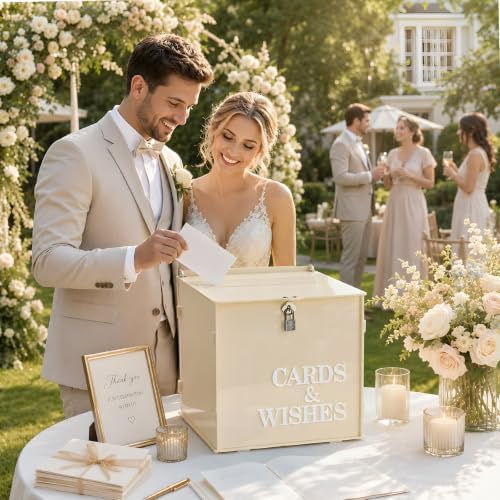 AerWo Beige Wedding Card Box with Lock, Acrylic Card Box for Wedding Decor - Image 5