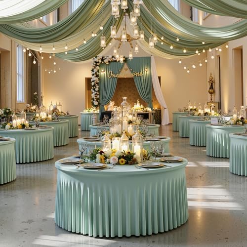 6 Pack Sage Green Spandex Round Tablecloths for 72 inch Table, Wrinkle Free Stretchy 132inch Fitted 6ft Round Table Cover Cloths with Skirt for Wedding Party Dining Banquet - Image 4