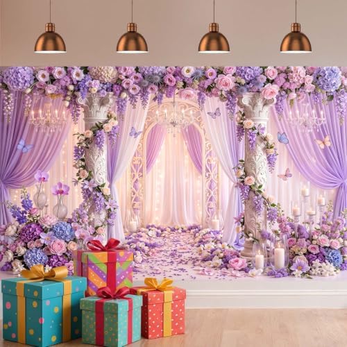 Purple Floral Wedding Backdrop, Romantic Flower Roman Arch Photo Background - Image 4