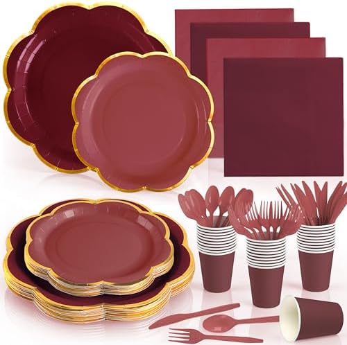 350Pcs Burgundy Paper Plates and Napkins Party Supplies for 50 Guests by OuMuaMua
