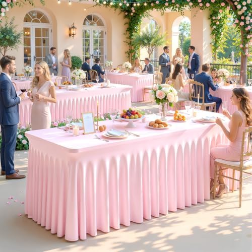 Pink Table Cloth for 8 Foot Rectangle Tables Fitted Stretch Spandex Table Cover with Skirt 8ft Baby Shower Birthday Party Banquet Ruffle Baby Pink Tablecloth Wedding Table Cloths Desk Skirt, 2 Pack - Image 2