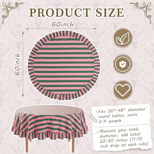 Tudomro Striped Tablecloth, Round, Pink, Grass Green, 60'' X 60'' - Image 2
