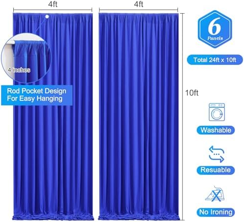 Royal Blue Backdrop Curtain 6 Panels-Wrinkle-Free Royal Blue Curtains Polyester Photography Drapes for Baby Shower Birthday Party Photo Background Backdrop Stand- 24 X10FT - Image 3