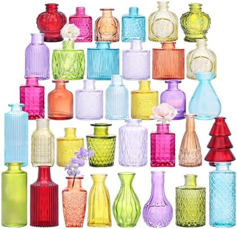 36 Pack Colorful Glass Bud Vase Set, Small Colored Vintage Vases by Fixwal