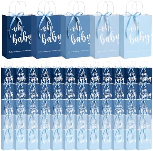 Gersoniel 50 Packs Baby Shower Gifts Bags Bulk 5.91 x 3.15 x 8.27 Inches Baby Shower Favor Bags with Handle Ribbon Thank You Gift for Party Favor for Guests Gifts Gender Reveal (Blue) by Gersoniel