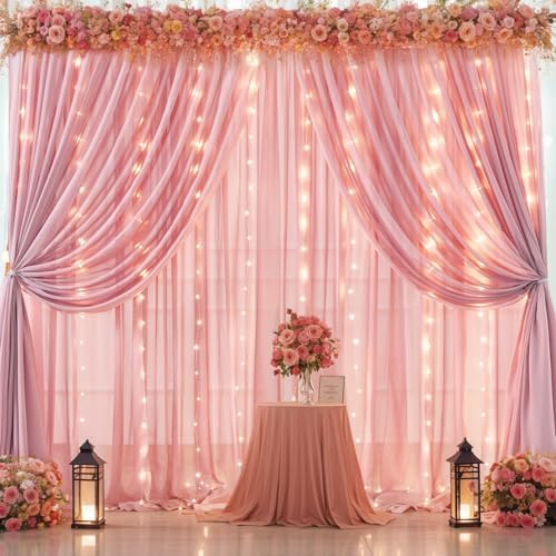 10ft x 10ft Dusty Rose Chiffon Backdrop Curtain with Lights String for Parties,2 Panels Sheer Tulle Curtain Wedding Photo Backdrop with Lights for Baby Shower Birthday Party Ceremony Home Decorations - Image 4