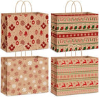 Gueevin 24 Piece Large Christmas Kraft Gift Bags with Handle 12.5 x 10 x 4.5 Inch Xmas Holiday Paper Treat Candy Goodie Bags with Snowflake Elk Socks Patterns for Christmas Party Favor Present Giving by Gueevin