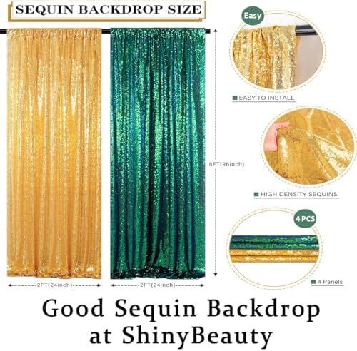 ShinyBeauty Gold Sequin Backdrop Curtain 4 Panels Iridescent Green - Image 5