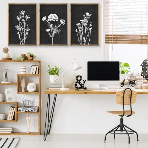 Flower Plant Wall Art Decor 16"x11" Set of 3 Black And White Wood Black - Image 5
