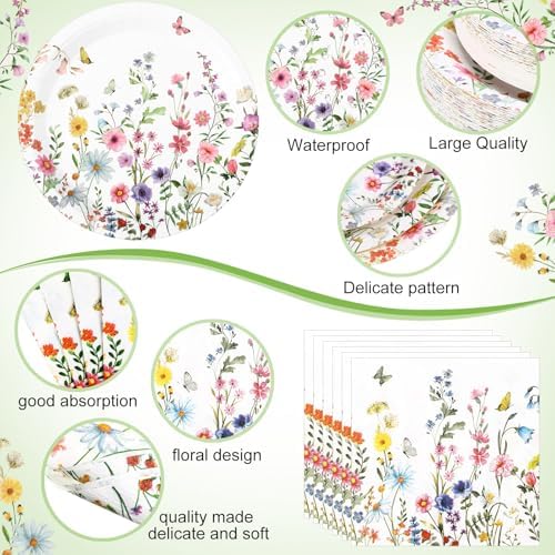 Funnymoom 452 Pcs Wildflower Party Supplies Include Spring Floral Disposable Paper Plates Napkins Cups Tablecloth and Cutlery Straws for Wedding Garden Tea Party Decoration Bridal Shower Baby Shower - Image 3