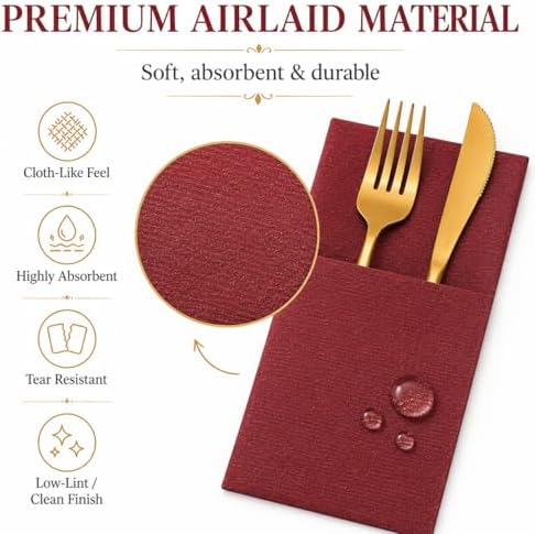 100Pcs Burgundy Napkins Disposable Linen Feel Dinner Paper Napkins with Built-in Flatware Pocket, 16in x 16in Airlaid Paper Pre-Folded Napkin for Silverware Baby Shower Easter Wedding Birthday Party - Image 4