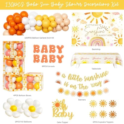 Party Inspo Sunshine Baby Shower Decorations for Girls, A Little Ray of Sunshine is Almost Here Baby Shower Supplies, Boho Sun Themed Backdrop Balloon Banner Tablecloth Cake Cupcake Topper Boxes - Image 2