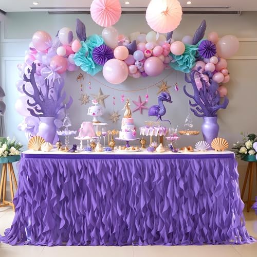 Partisky Mermaid Purple Tulle Curly Willow Table Skirt for Rectangle Table 14ft, Ruffle Tutu Table Cloth for Girls Boys Baby Shower,Mermaid Birthday Party - Image 5