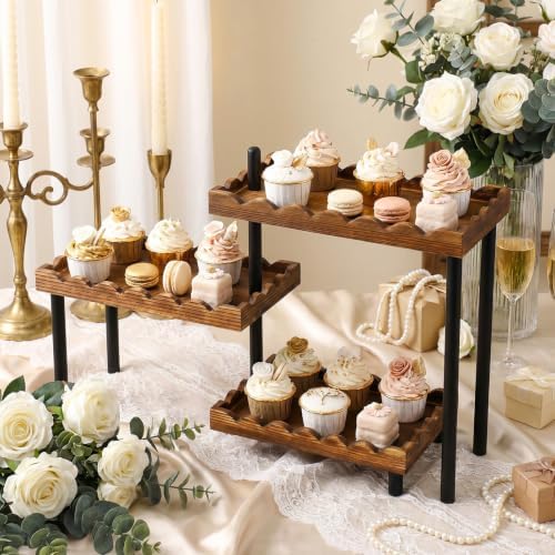 3 Tier Serving Tray & Wood Display Risers for Party,Rotatable Cupcake Stand - Image 2